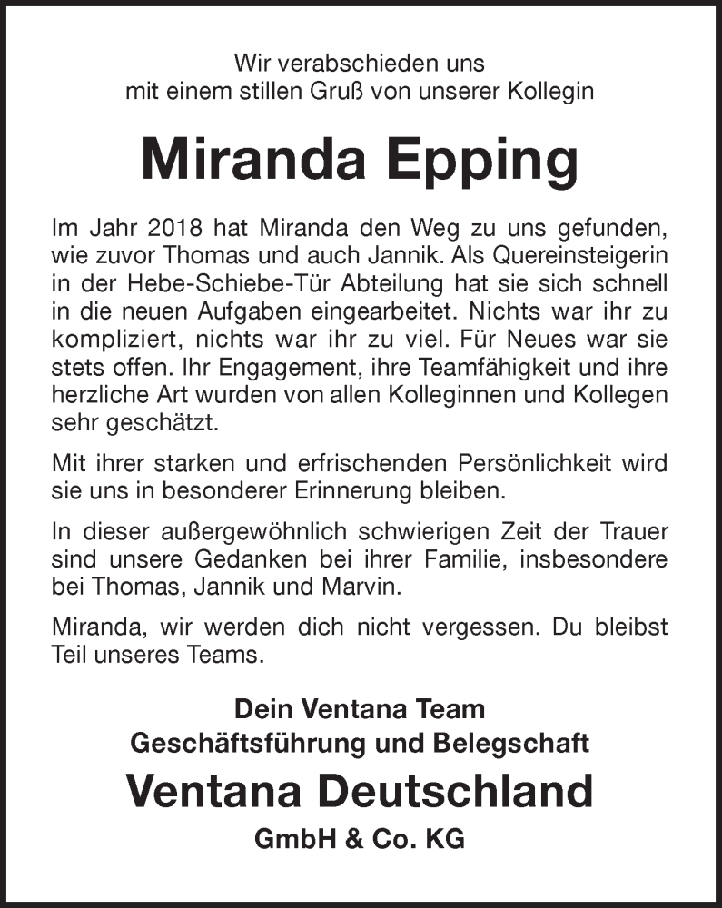  Traueranzeige für Miranda Epping vom 03.03.2023 aus Münstersche Zeitung und Münsterland Zeitung