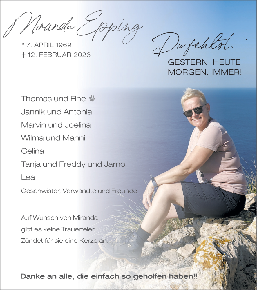  Traueranzeige für Miranda Epping vom 01.03.2023 aus Münstersche Zeitung und Münsterland Zeitung