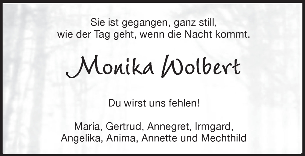  Traueranzeige für Monika Wolbert vom 16.03.2023 aus Münstersche Zeitung und Münsterland Zeitung