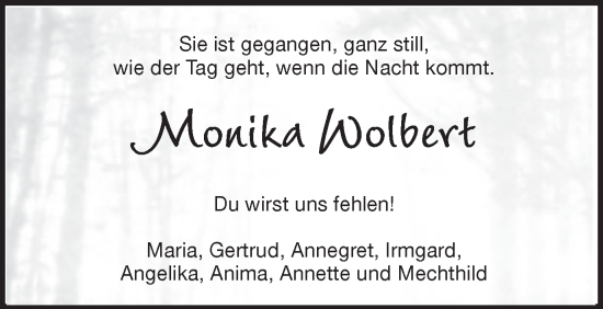Traueranzeige von Monika Wolbert von Münstersche Zeitung und Münsterland Zeitung