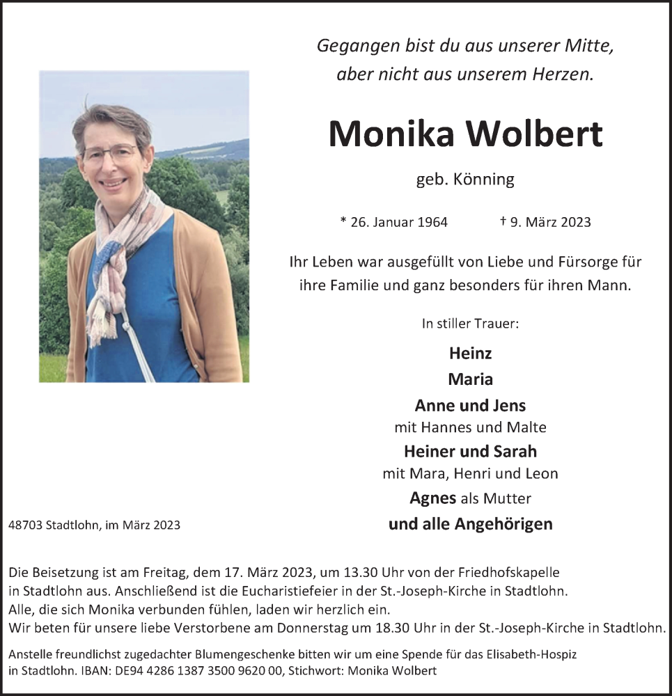  Traueranzeige für Monika Wolbert vom 14.03.2023 aus Münstersche Zeitung und Münsterland Zeitung