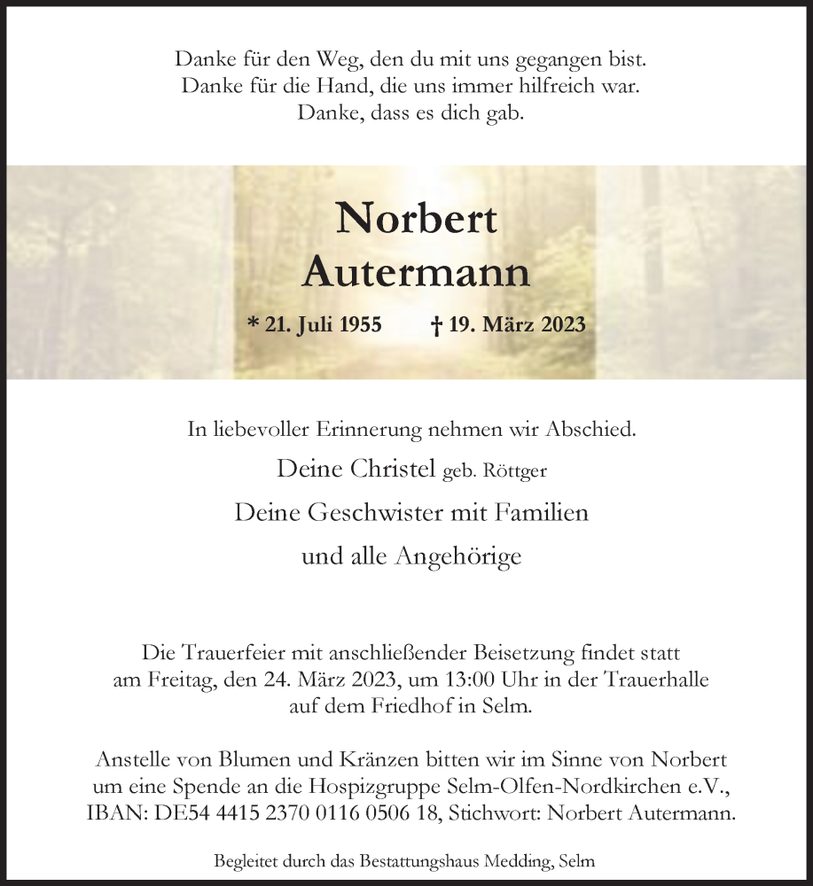  Traueranzeige für Norbert Autermann vom 21.03.2023 aus Ruhr Nachrichten