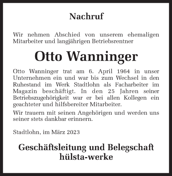 Traueranzeige von Otto Wanninger