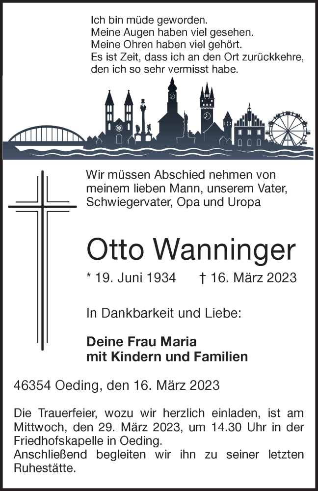  Traueranzeige für Otto Wanninger vom 25.03.2023 aus Münstersche Zeitung und Münsterland Zeitung
