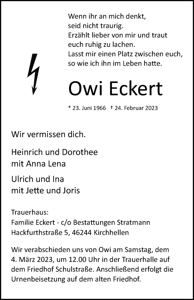  Traueranzeige für Owi Eckert vom 01.03.2023 aus Ruhr Nachrichten und Dorstener Zeitung