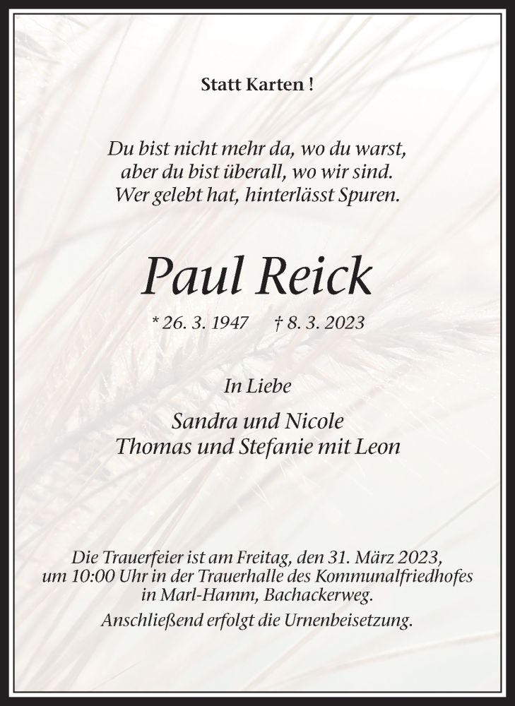  Traueranzeige für Paul Reick vom 25.03.2023 aus Medienhaus Bauer