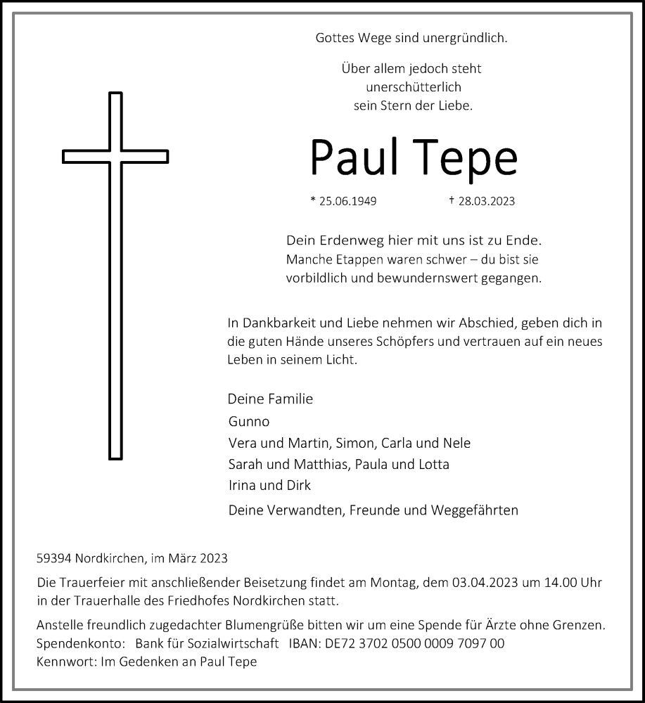  Traueranzeige für Paul Tepe vom 30.03.2023 aus Ruhr Nachrichten