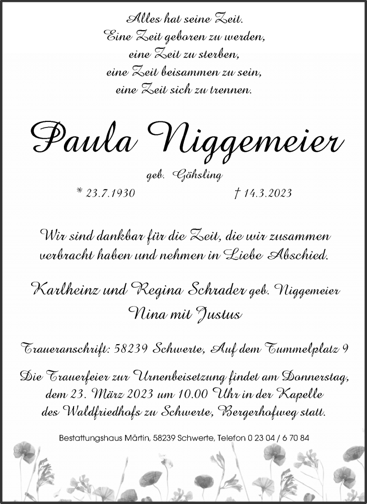  Traueranzeige für Paula Niggemeier vom 18.03.2023 aus Ruhr Nachrichten