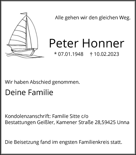 Traueranzeige von Peter Honner von Hellweger Anzeiger