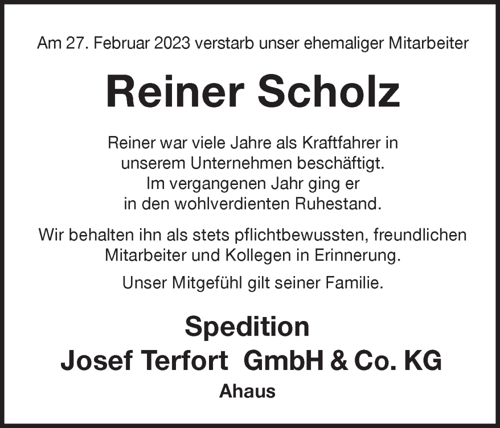  Traueranzeige für Reiner Scholz vom 15.03.2023 aus Münstersche Zeitung und Münsterland Zeitung
