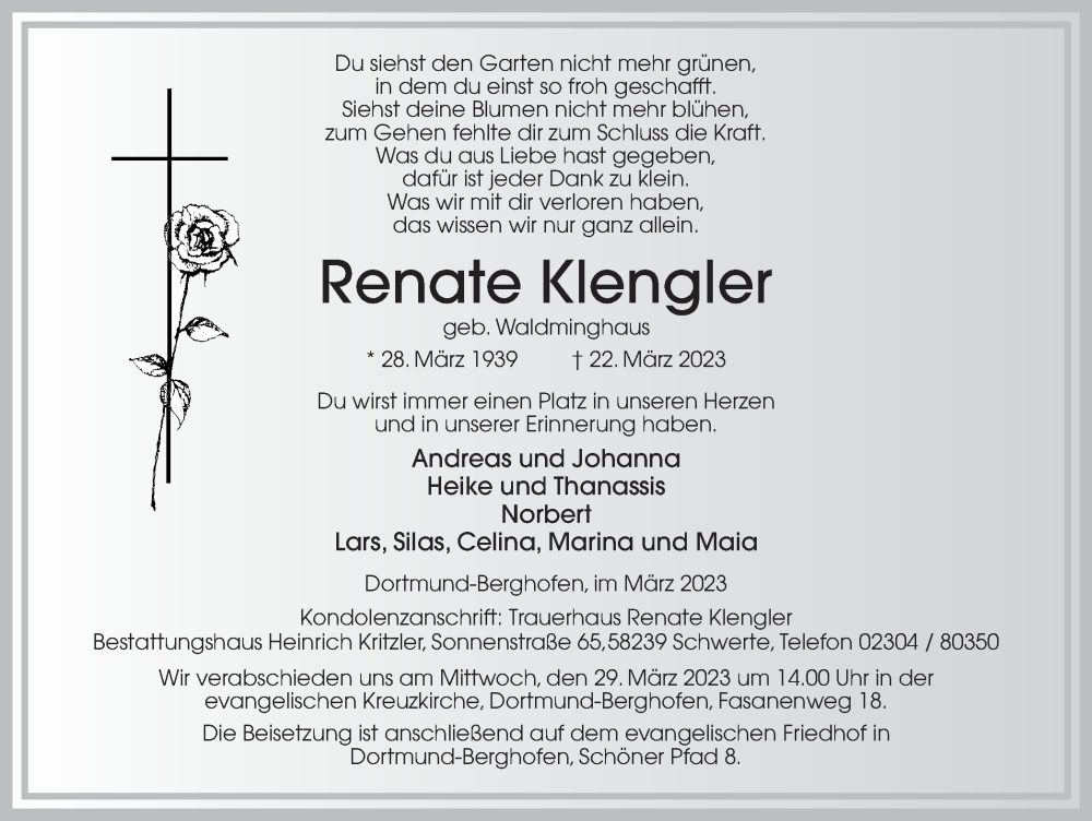  Traueranzeige für Renate Klengler vom 25.03.2023 aus 