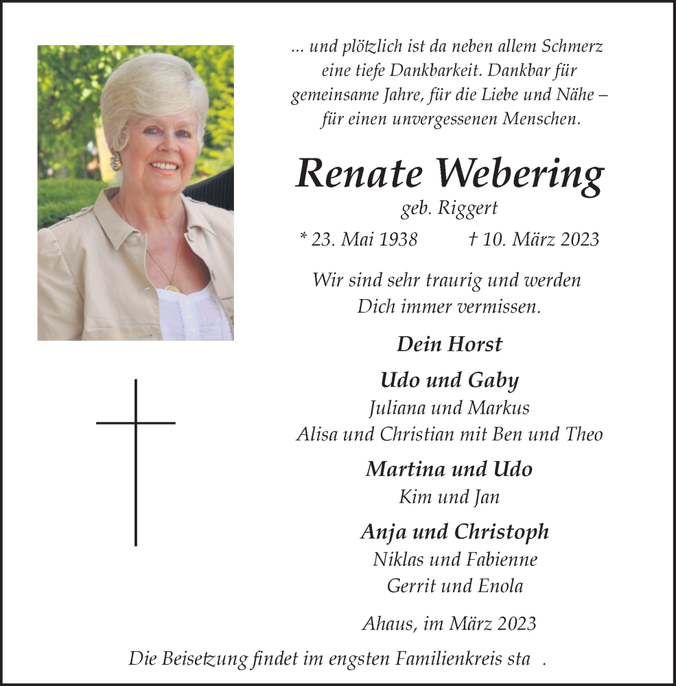  Traueranzeige für Renate Webering vom 14.03.2023 aus Münstersche Zeitung und Münsterland Zeitung