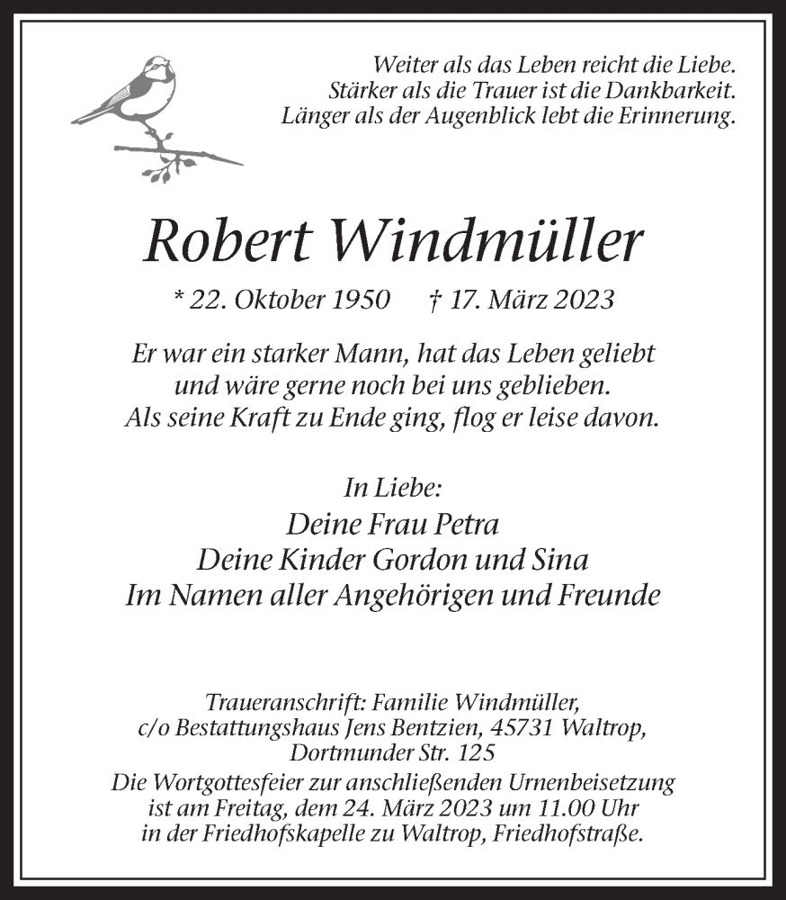  Traueranzeige für Robert Windmüller vom 23.03.2023 aus Medienhaus Bauer