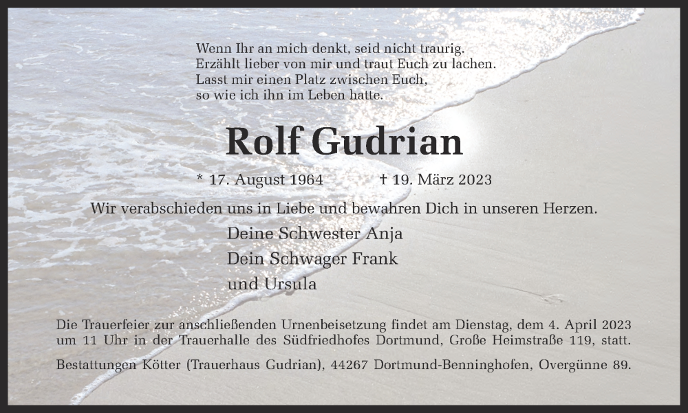  Traueranzeige für Rolf Gudrian vom 25.03.2023 aus 