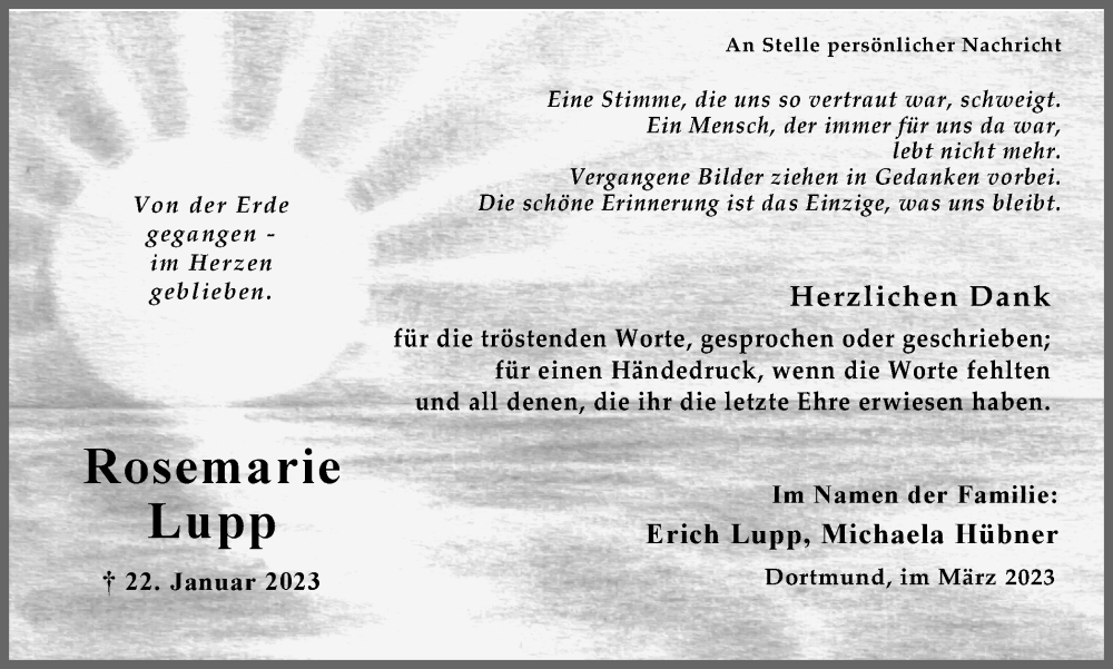  Traueranzeige für Rosemarie Lupp vom 18.03.2023 aus 