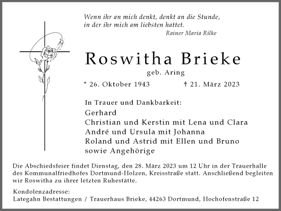 Traueranzeige von Roswitha Brieke 