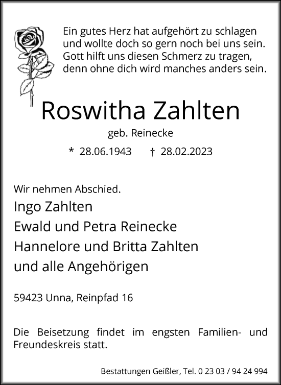 Traueranzeige von Roswitha Zahlten von Hellweger Anzeiger