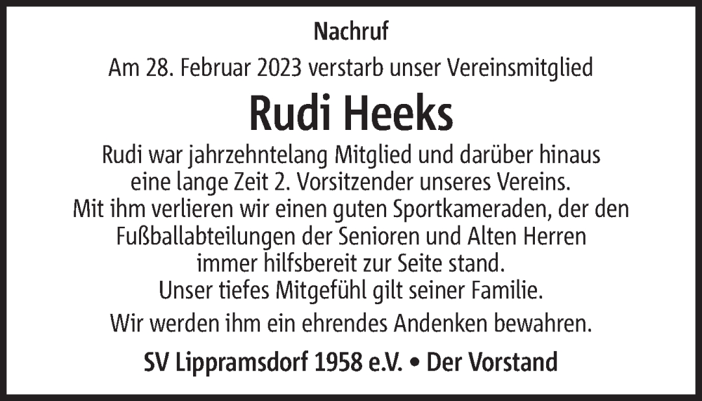  Traueranzeige für Rudi Heeks vom 07.03.2023 aus Ruhr Nachrichten und Halterner Zeitung