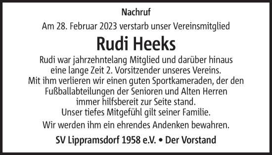 Traueranzeige von Rudi Heeks von Ruhr Nachrichten und Halterner Zeitung