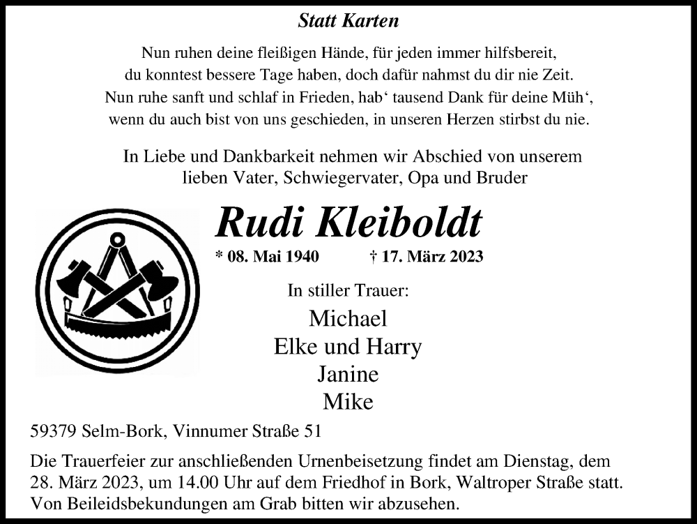  Traueranzeige für Rudi Kleiboldt vom 22.03.2023 aus Ruhr Nachrichten