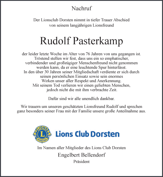 Traueranzeige von Rudolf Pasterkamp von Ruhr Nachrichten und Dorstener Zeitung