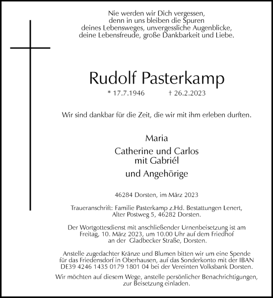 Traueranzeige von Rudolf Pasterkamp von Ruhr Nachrichten und Dorstener Zeitung