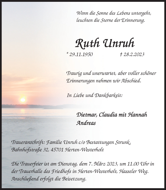 Traueranzeige von Ruth Unruh von Medienhaus Bauer
