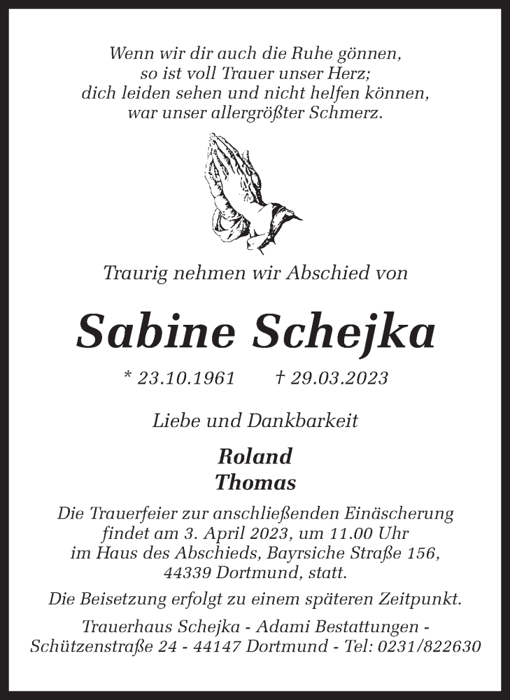  Traueranzeige für Sabine Schejka vom 31.03.2023 aus 
