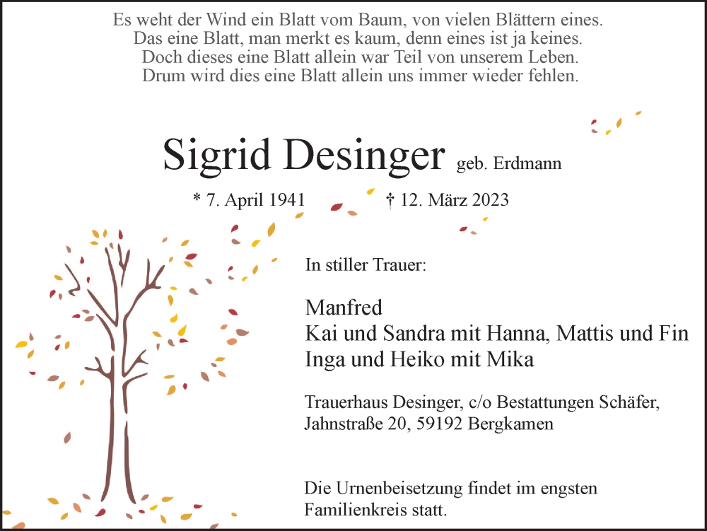  Traueranzeige für Sigrid Desinger vom 18.03.2023 aus Hellweger Anzeiger