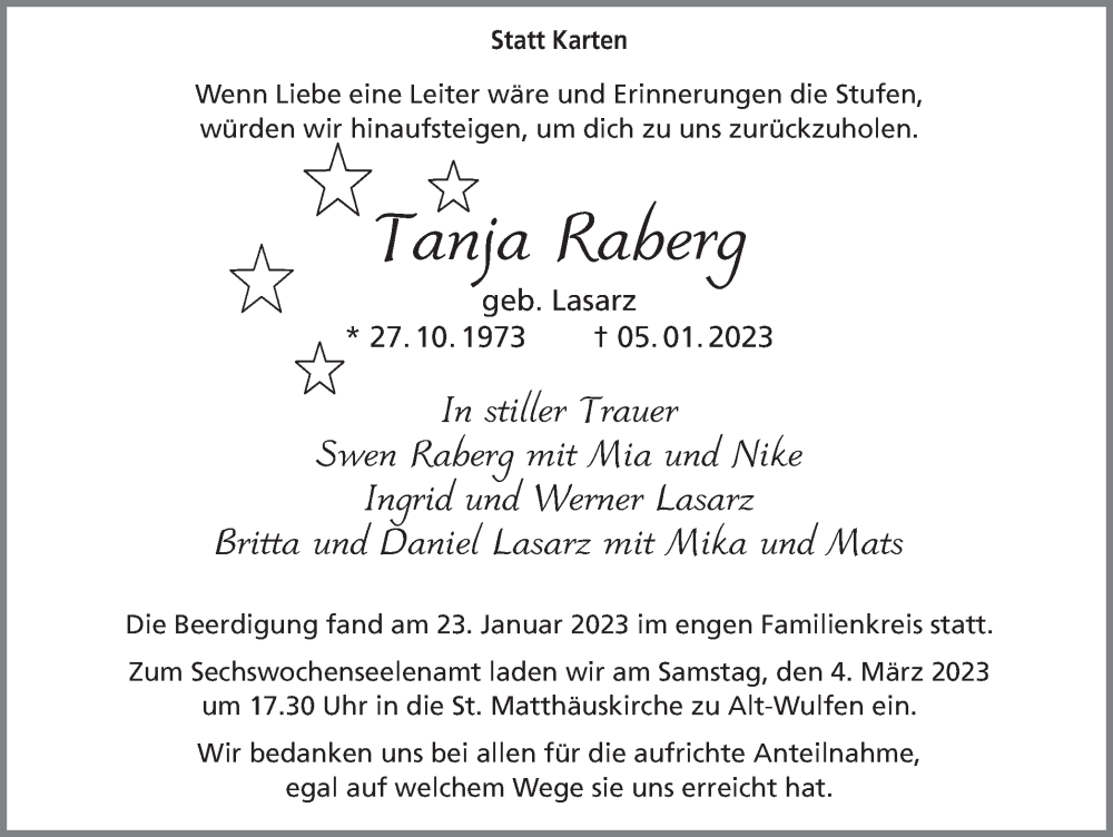  Traueranzeige für Tanja Raberg vom 01.03.2023 aus Ruhr Nachrichten und Dorstener Zeitung