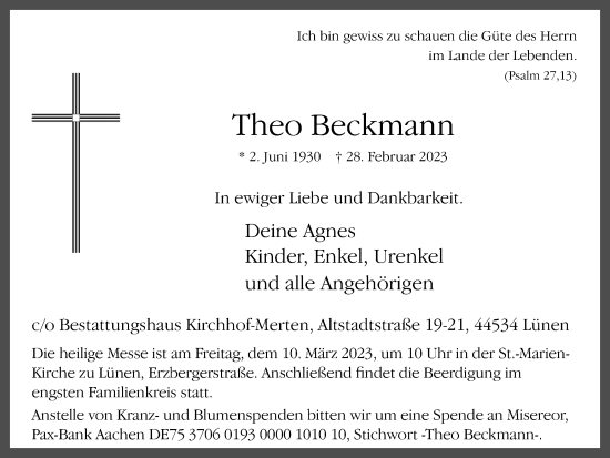 Traueranzeige von Theo Beckmann von Ruhr Nachrichten
