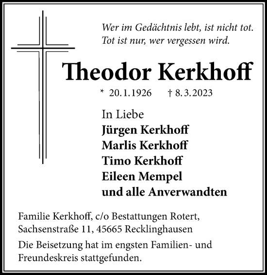 Traueranzeige von Theodor Kerkhoff von Medienhaus Bauer