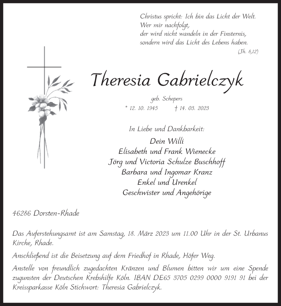  Traueranzeige für Theresia Gabrielczyk vom 16.03.2023 aus Ruhr Nachrichten und Dorstener Zeitung