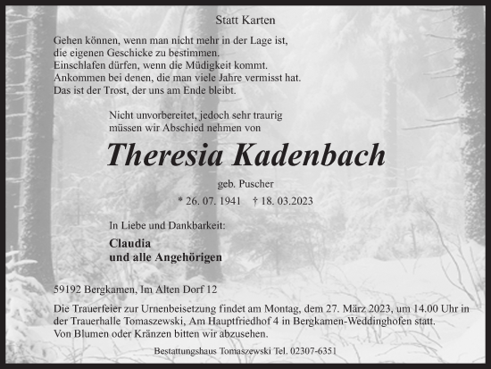 Traueranzeige von Theresia Kadenbach von Hellweger Anzeiger