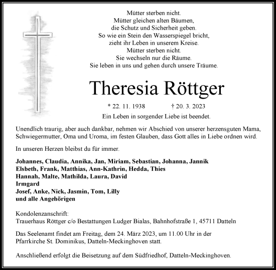 Traueranzeige von Theresia Röttger von Medienhaus Bauer