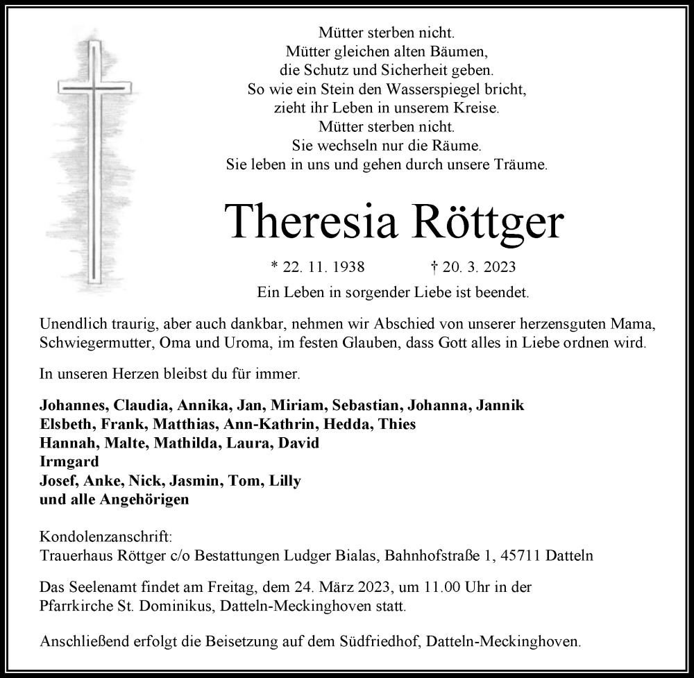  Traueranzeige für Theresia Röttger vom 22.03.2023 aus Medienhaus Bauer