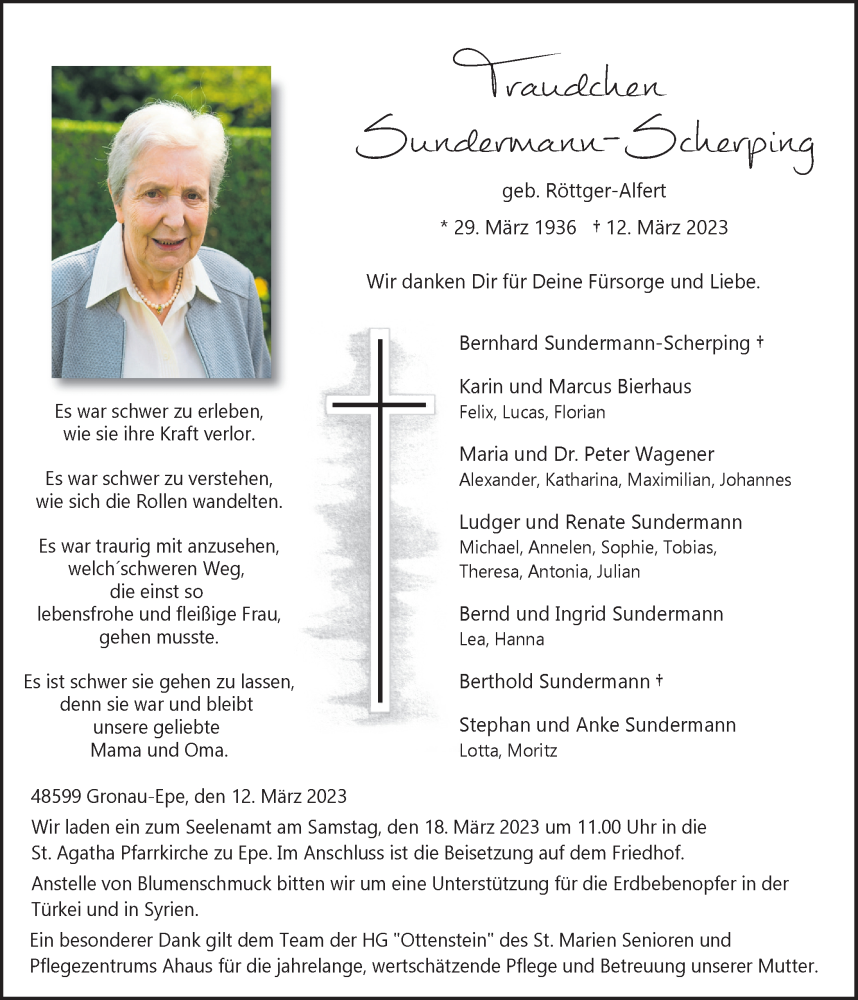  Traueranzeige für Traudchen Sundermann-Scherping vom 15.03.2023 aus Münstersche Zeitung und Münsterland Zeitung