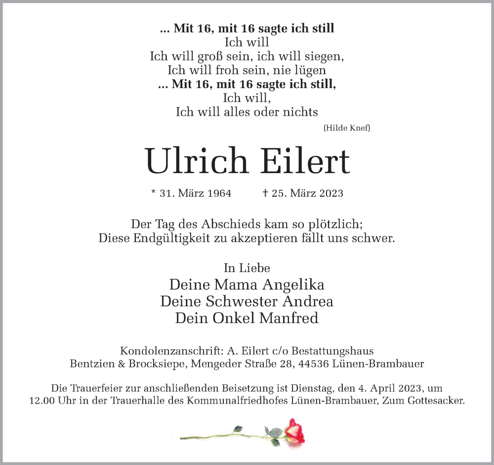  Traueranzeige für Ulrich Eilert vom 29.03.2023 aus Ruhr Nachrichten