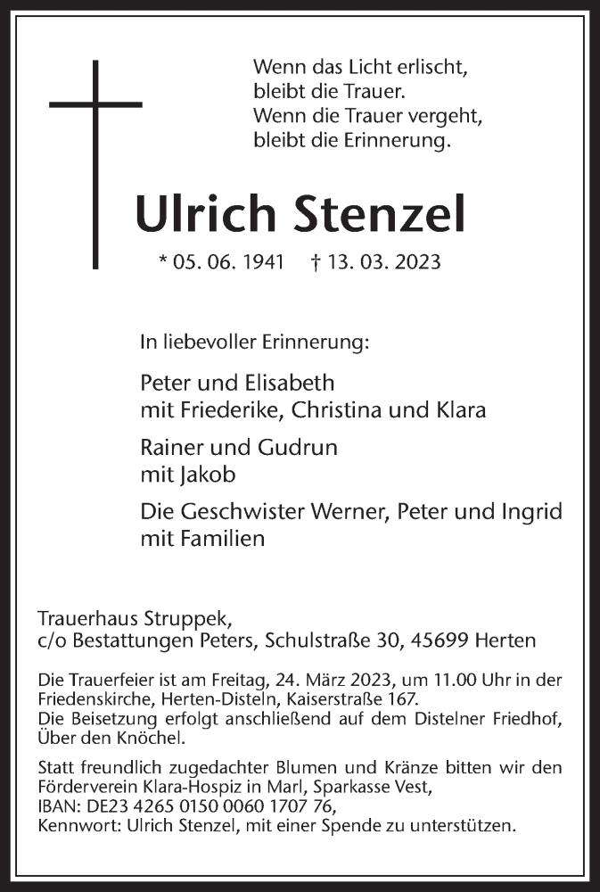  Traueranzeige für Ulrich Stenzel vom 18.03.2023 aus Medienhaus Bauer