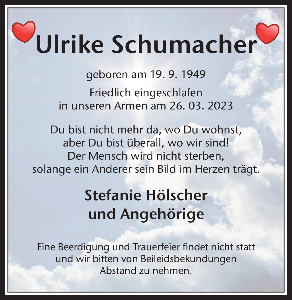  Traueranzeige für Ulrike Schumacher vom 28.03.2023 aus Medienhaus Bauer