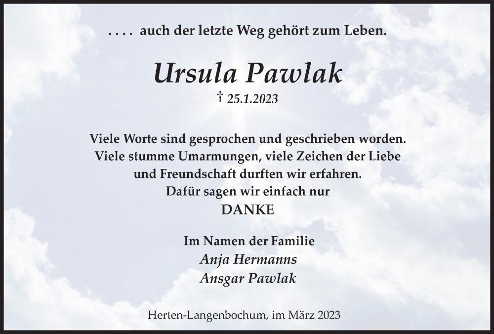  Traueranzeige für Ursula Pawlak vom 04.03.2023 aus Medienhaus Bauer