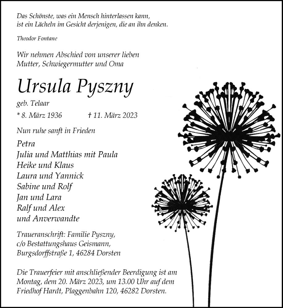  Traueranzeige für Ursula Pyszny vom 16.03.2023 aus Ruhr Nachrichten und Dorstener Zeitung