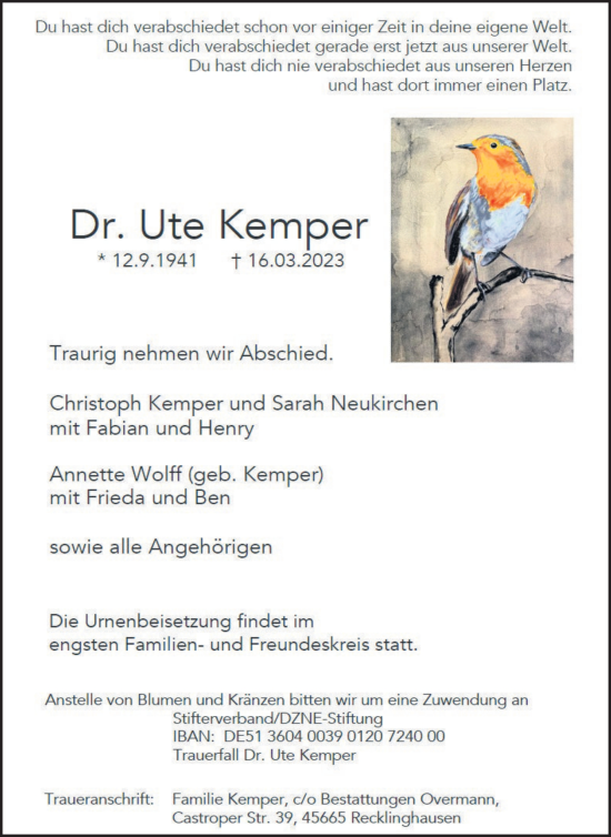Traueranzeige von Ute Kemper von Medienhaus Bauer