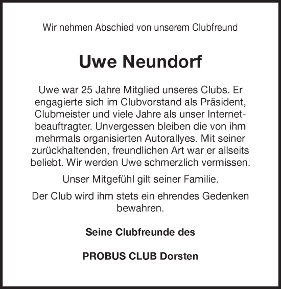Traueranzeige von Uwe Neundorf von Ruhr Nachrichten und Dorstener Zeitung