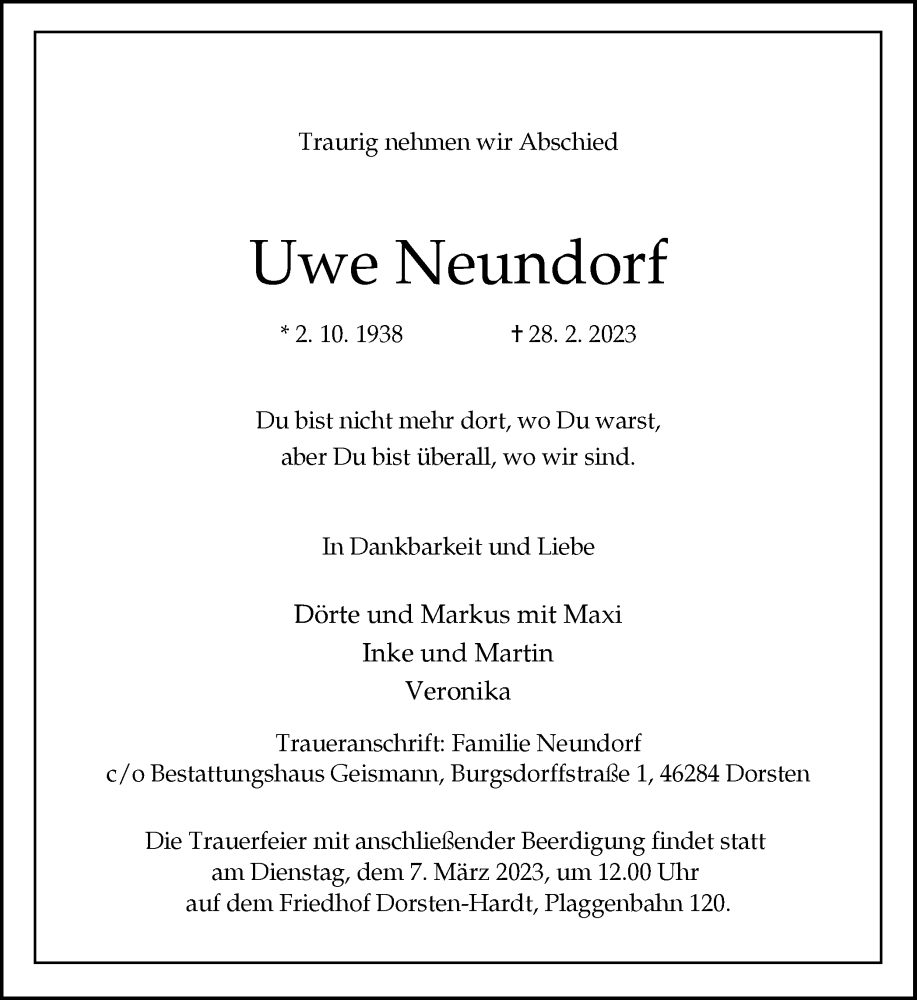  Traueranzeige für Uwe Neundorf vom 04.03.2023 aus Ruhr Nachrichten und Dorstener Zeitung