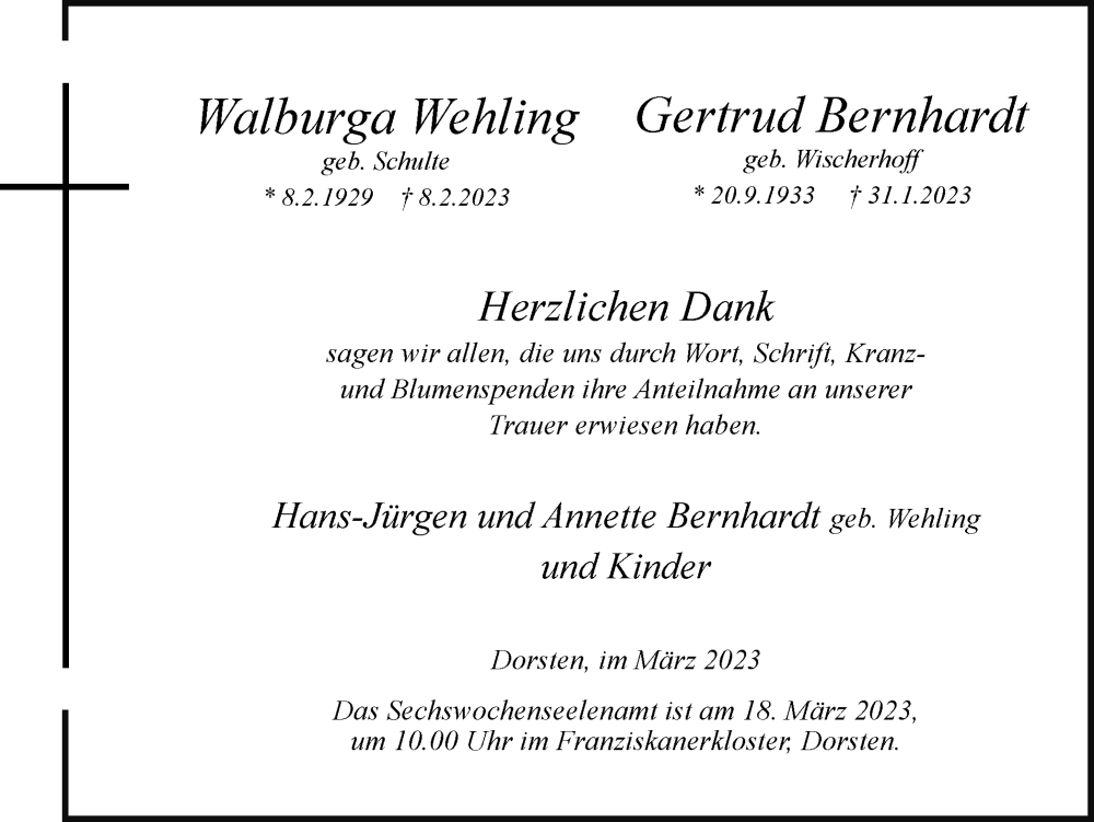  Traueranzeige für Walburga Wehling und Gertrud Bernhardt vom 14.03.2023 aus Ruhr Nachrichten und Dorstener Zeitung
