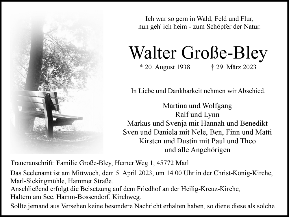  Traueranzeige für Walter Große-Bley vom 31.03.2023 aus Medienhaus Bauer