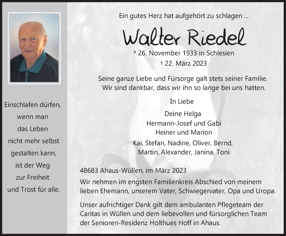  Traueranzeige für Walter Riedel vom 25.03.2023 aus Münstersche Zeitung und Münsterland Zeitung