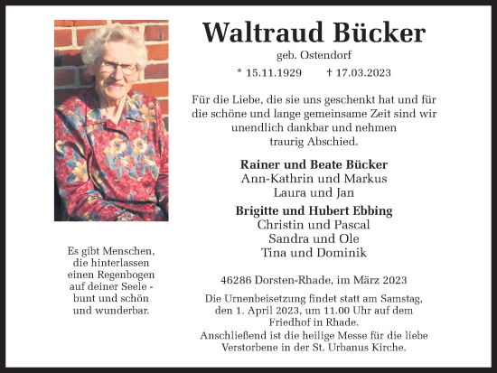 Traueranzeige von Waltraud Bücker von Ruhr Nachrichten und Dorstener Zeitung