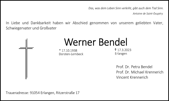 Traueranzeige von Werner Bendel von Ruhr Nachrichten und Dorstener Zeitung